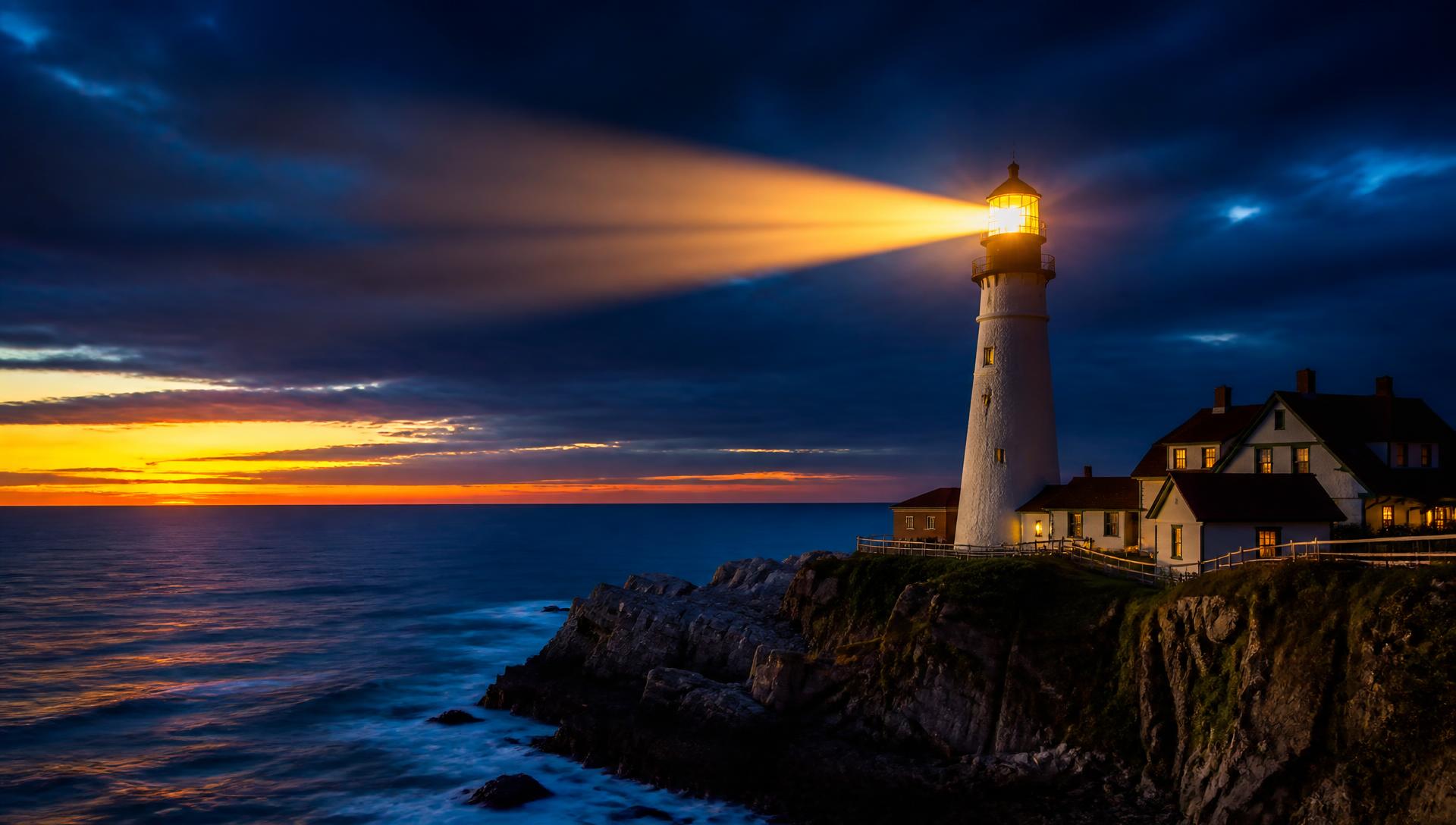 Lighthouse shining across the ocean at dusk